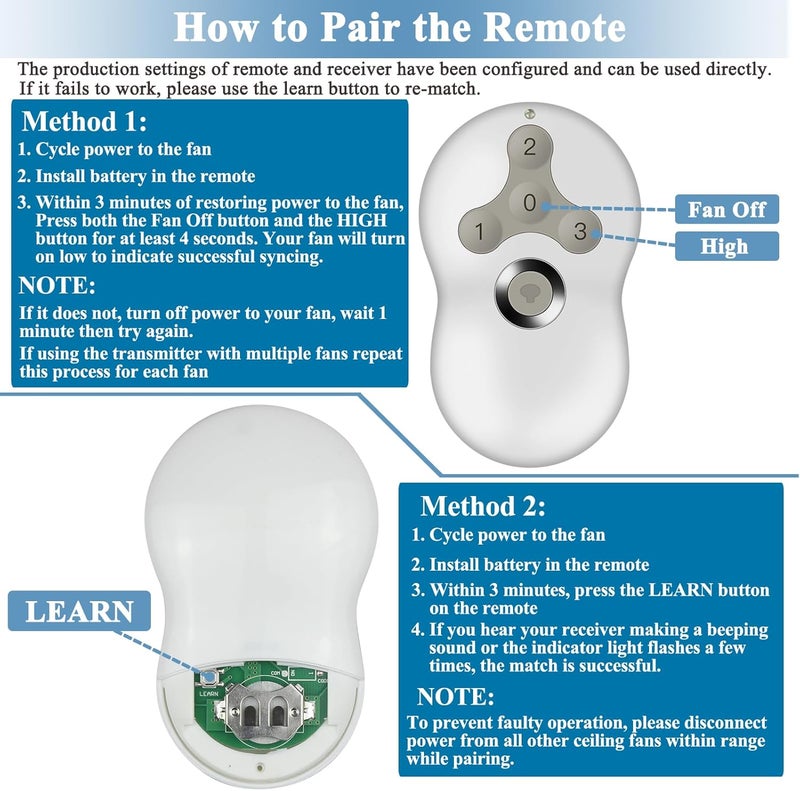 Onisamt Universal Ceiling Fan Remote Control Kit, Replacement for Hampton Bay, Hunter, Harbor Breeze, 3 Speed with Light Dimmer, 434MHz, with Wall Mount - Image 4